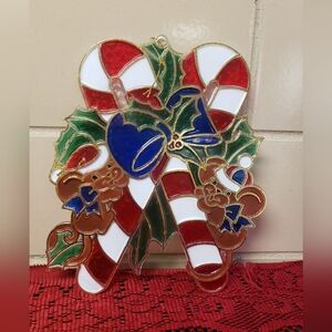 Festive Candy Cane Window Suncatcher Decor Holly and Mouse Stained Glass Look